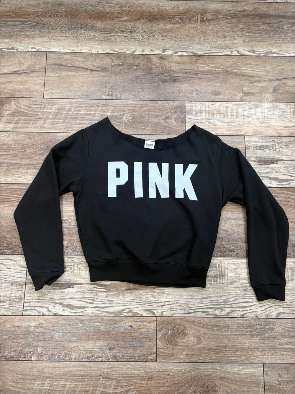NWT PINK Victoria's Secret Wide Neck Crewneck Sweatshirt Small Black
